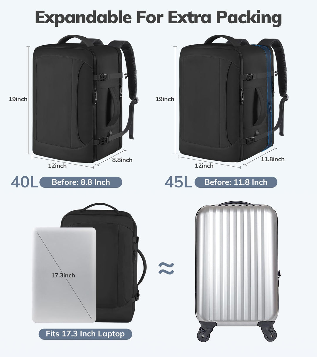 Travel Backpack, Extra Large Backpack, Carry On Backpack, 45L Expandable Airline Approved Water Resistant Suitcase Luggage Big Bag with USB Port Fits 17 Inch Laptops, Travel Gifts for Men, Black