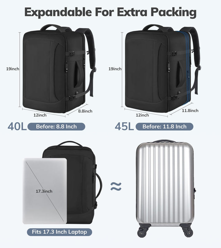 Travel Backpack, Extra Large Backpack, Carry On Backpack, 45L Expandable Airline Approved Water Resistant Suitcase Luggage Big Bag with USB Port Fits 17 Inch Laptops, Travel Gifts for Men, Black