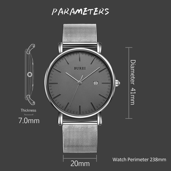 Men&#39;s Fashion Minimalist Wrist Watch Waterproof Watches Simple Ultra Thin Watches Analog Quartz Date with Stainless Steel Mesh Band (Gray Silver)