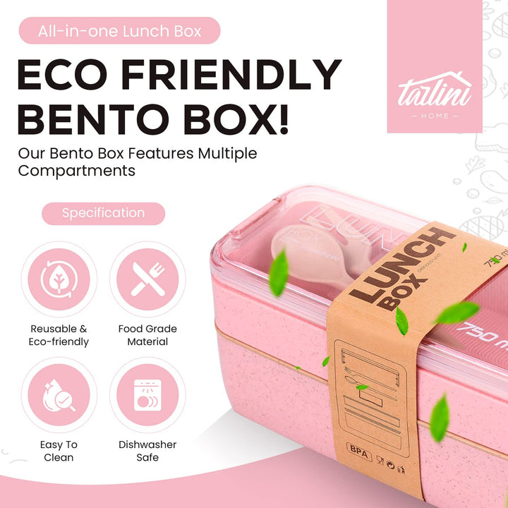 TARLINI | Pink Stackable Bento Box for Meal Prep - Eco-Friendly Design - Ideal for Work &amp; On-The-Go - Includes Utensil Set - Compact &amp; Convenient Lunch Containers | 25.36 OZ