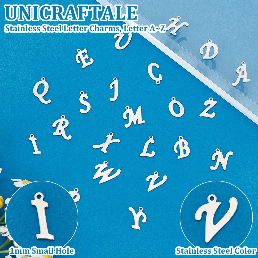 208pcs Alphabet Metal Charm Stainless Steel Charms Pendant Metal A-Z Letter Pendants 1mm Small Hole Charms for Necklaces Key Chain Jewelry Making(8 pcs for Each Letter)