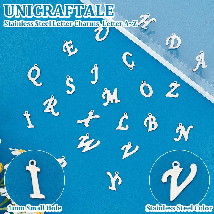 208pcs Alphabet Metal Charm Stainless Steel Charms Pendant Metal A-Z Letter Pendants 1mm Small Hole Charms for Necklaces Key Chain Jewelry Making(8 pcs for Each Letter)