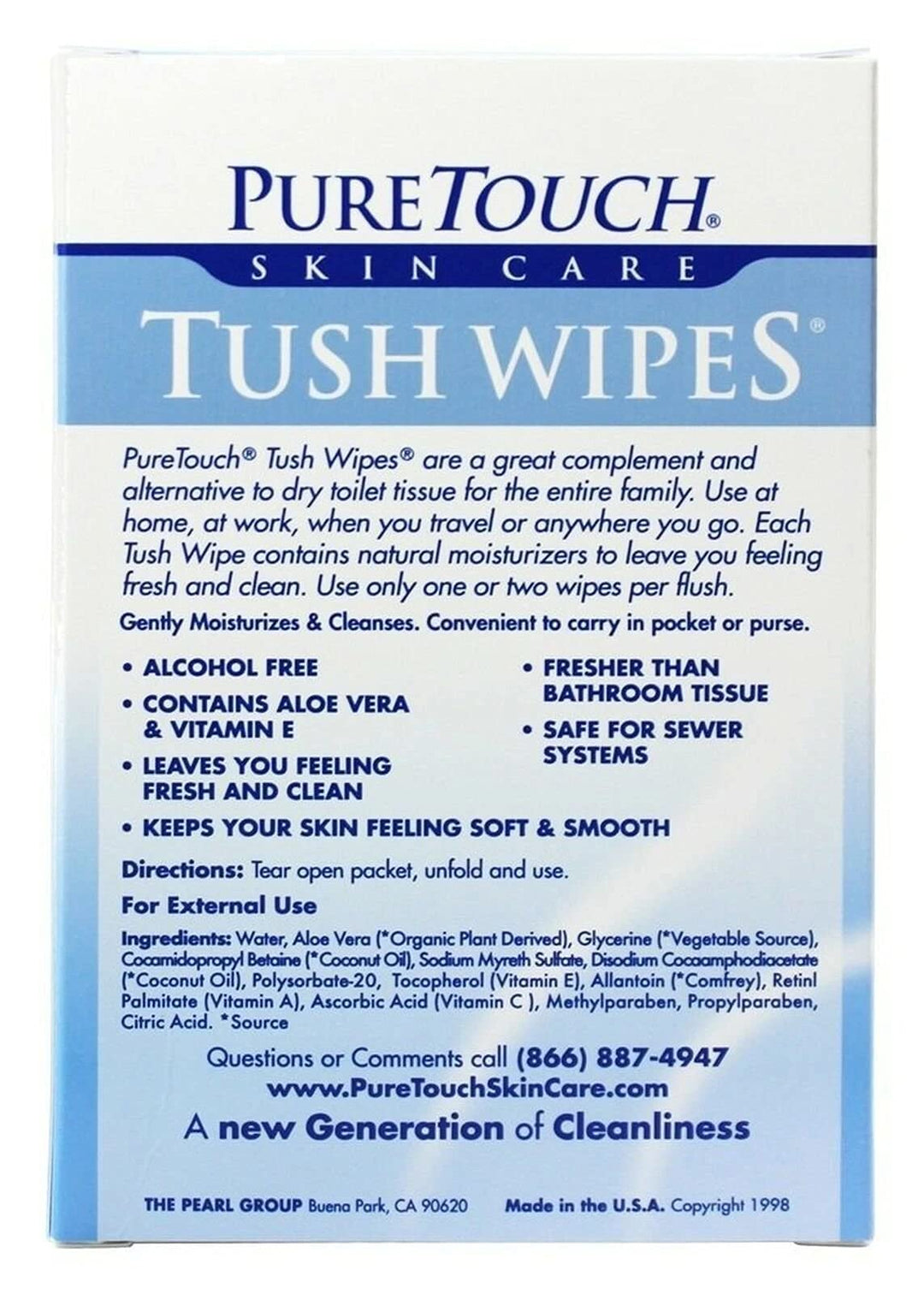 Pure Touch Skin care Tush Wipes for Adults 24 Individua