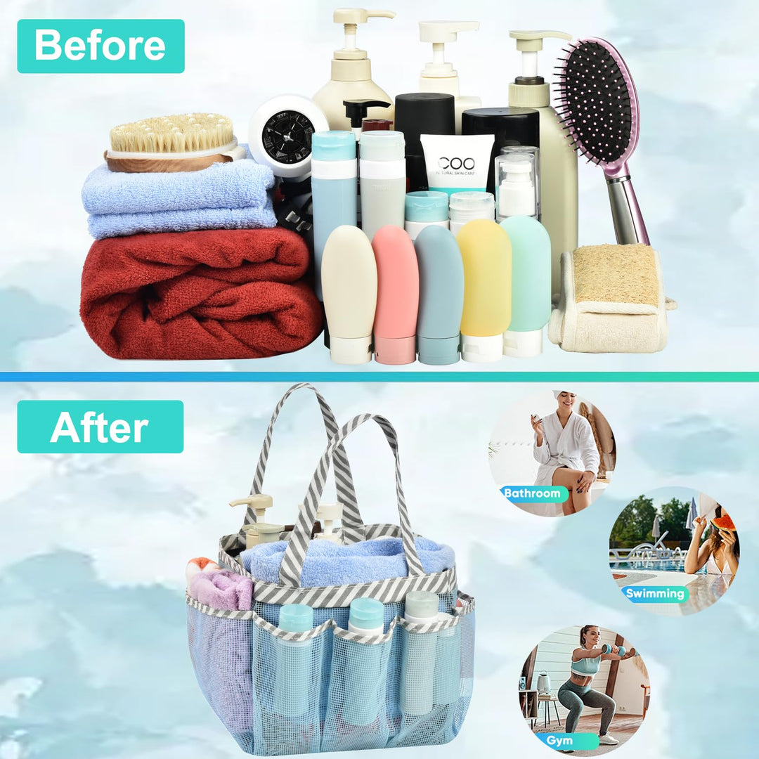 Mesh Shower Caddy Tote, Portable Shower Caddy Bag with 8 Pockets for College Dorm Room Essentials, Beach, Swimming, Gym
