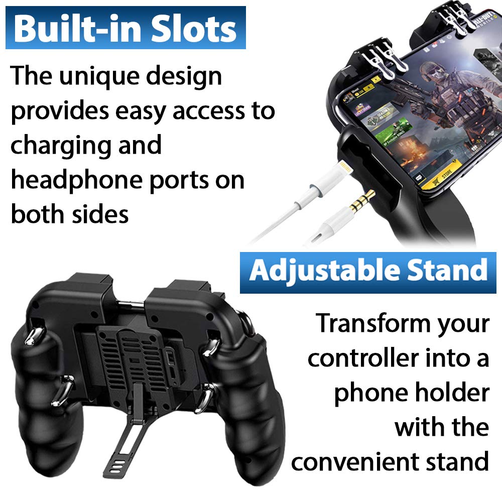 4 Trigger USB Mobile Game Controller with Cooling Fan Adjustable Stand for PUBG/Call of Duty/Fotnite [6 Finger Mode] L1R1 L2R2 Gaming Grip Gamepad