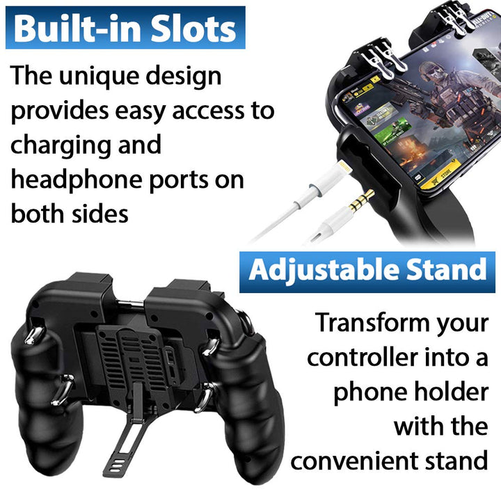 4 Trigger USB Mobile Game Controller with Cooling Fan Adjustable Stand for PUBG/Call of Duty/Fotnite [6 Finger Mode] L1R1 L2R2 Gaming Grip Gamepad