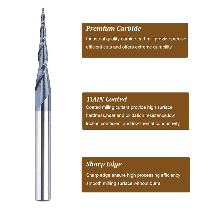 Spiral Tapered Ball Nose End Mill 1/4 X 3 inches Router Bit with 1.5mm Diameter ( 0.75mm Radius ) Ball Nose 4.36 Deg for CNC Machine Engraving Carving Bits