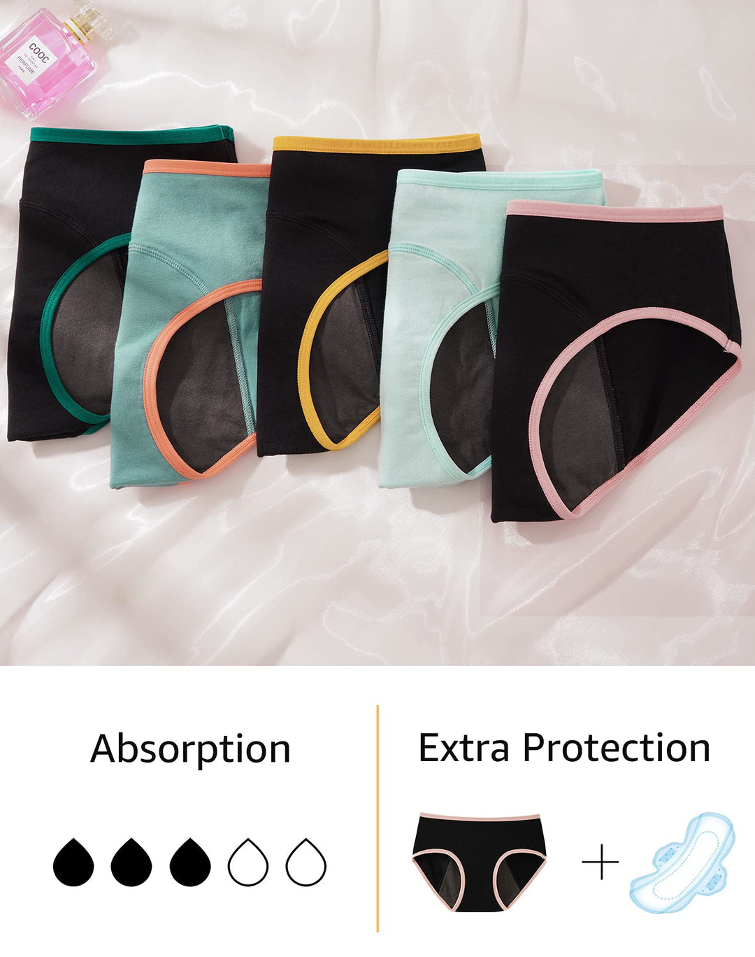 Teen Girls Period Underwear Cotton Leakproof Menstrual Panties 3 Pack(12-14 Years, 3 Black with Contrasting Hem)