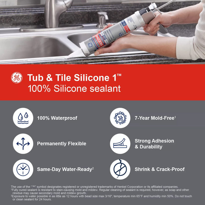 GE Sealants & Adhesives GE612 Tub & Tile Silicone 1 Sealant, 10.1oz, Clear