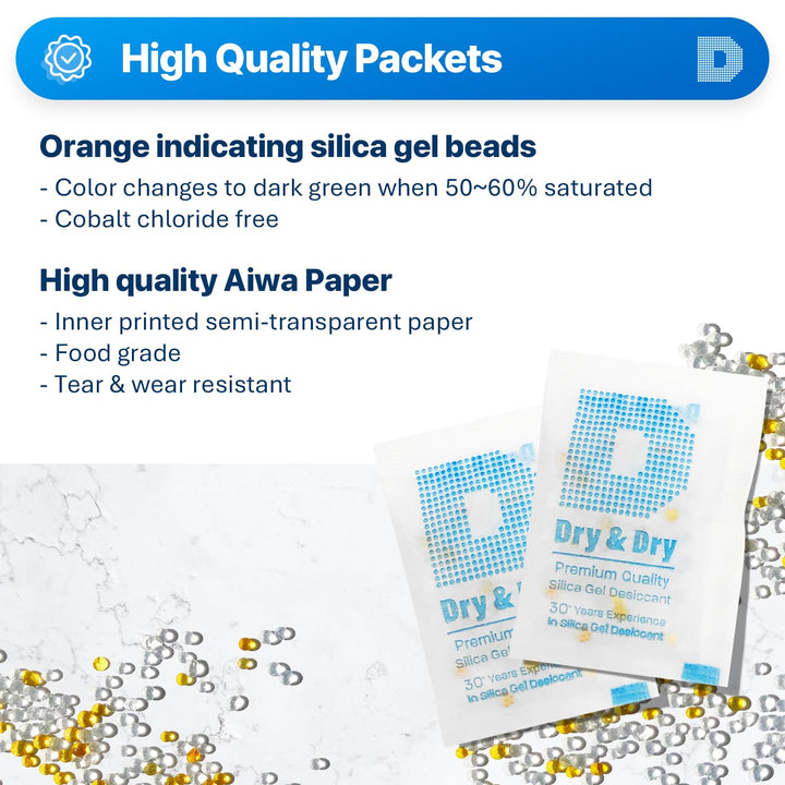 Dry &amp; Dry 5 Gram [35 Packets] Premium Pure &amp; Safe Orange Indicating Silica Gel Packets Desiccant Dehumidifiers - Food Safe Silica Packets Silica Gel Moisture Absorbers