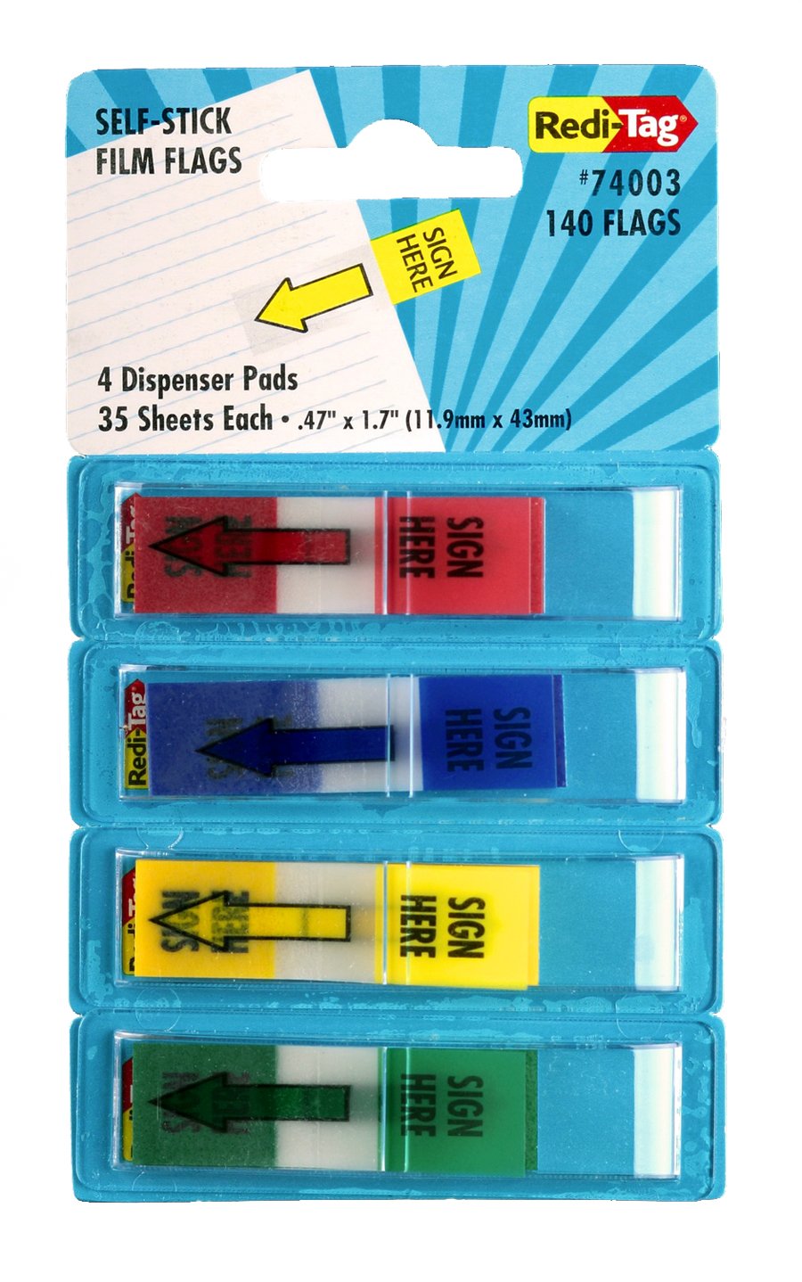 Sign Here Printed Pop-Up Page Flags, 4 Dispensers per Pack, 35 Flags per Dispenser, 0.5 x 1.7 Inches, Multicolored, 1-Pack (74003)