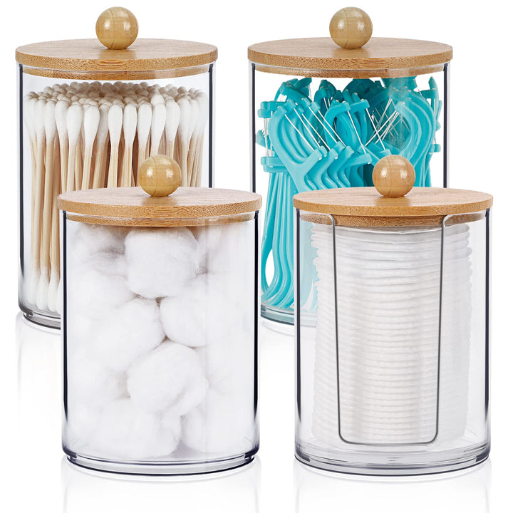 4 Pack Qtip Holder Bathroom Organizer Set, Acrylic Dispenser for Cotton Ball, Cotton Swab, Cotton Round Pads, Dental Floss Sticks