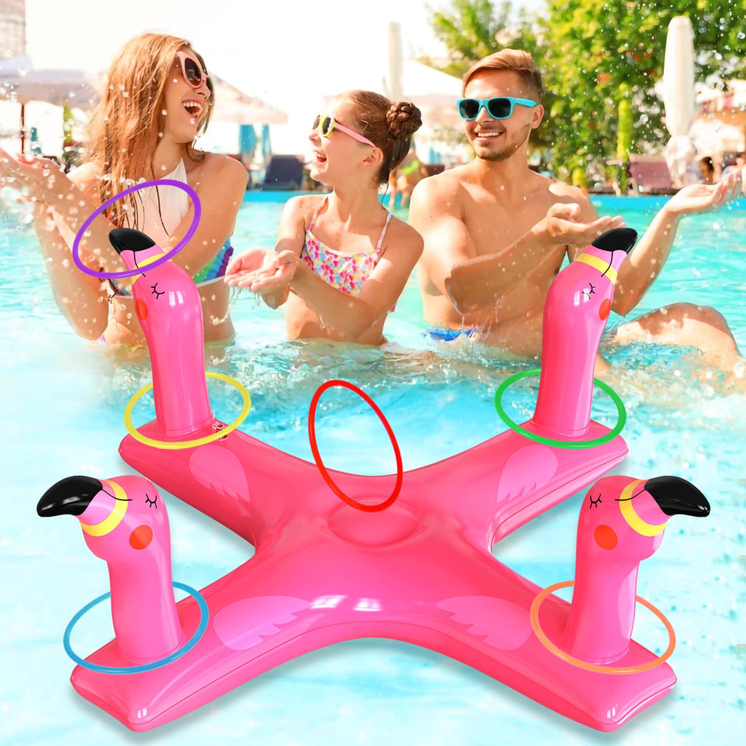 Pool Toys Inflatable Pool Ring Toss Games with 6 Rings, Flamingo Shark Pool Ring Toss Game Summer Pool Toys Party Games for Kids and Adults