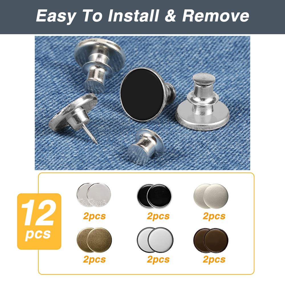 1 Set 12pcs Perfect Fit Button Pins for Jeans, Detachable and Removable Jean Button Pins No Sew, Adjustable Metal Buttons can Increase or Decrease The Waist of Any Pants by 1 inch in a Few Seconds
