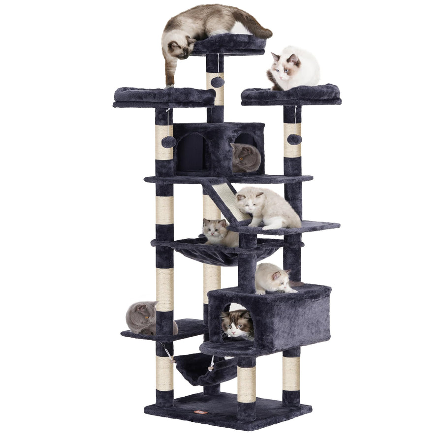 Cat Tree, 73 inches Tall Cat Tower for Large Cats 20 lbs Heavy Duty for Indoor Cats,Big Cat Furniture Condo for with Padded Plush Perch, Cozy Basket and Scratching Posts Smoky Gray HCT030G