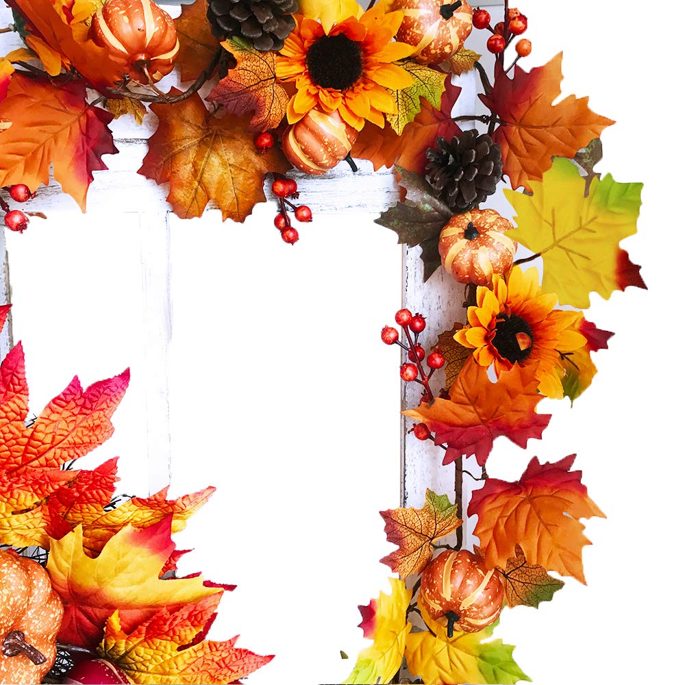 Fake Fall Maple Leaf Garland Hanging Vine- 6 Feet - Artificial Berries Sunflower Pumpkin Autumn Decoration for Wedding Party Thanksgiving Dinner Fireplace Door Frame Doorway Backdrop Decor