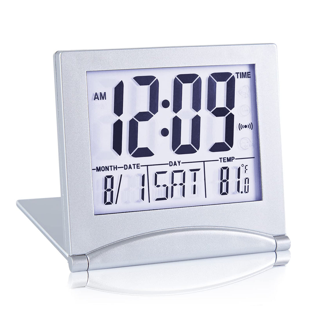 Small Digital Travel Alarm Clock Battery Operated, Portable Large Number Display Loud Alarm Clock with Temperature, Night Backlight, 12/24 H Desk Clock -Silver (White Light)