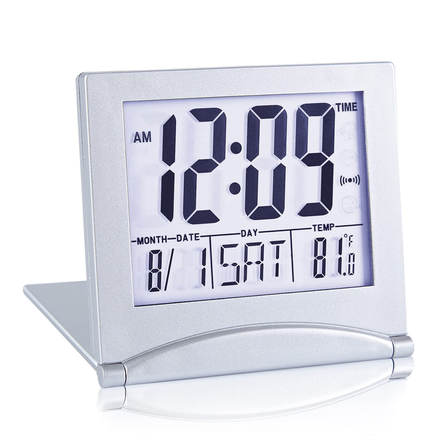 Small Digital Travel Alarm Clock Battery Operated, Portable Large Number Display Loud Alarm Clock with Temperature, Night Backlight, 12/24 H Desk Clock -Silver (White Light)