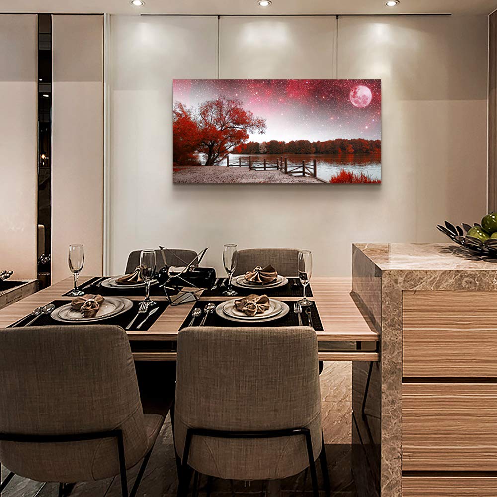 Print Artwork Wall Art Decor Poster for living room Red tree moon starry sky red landscape painting bathroom Wall Art for bedroom Canvas Prints Picture Works Ready to Hang Office Home decorations