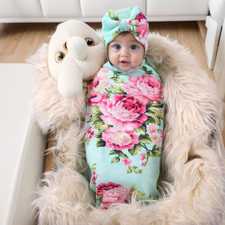 Receiving Blanket Headband Set Flower Print Baby Swaddle Receiving Blankets