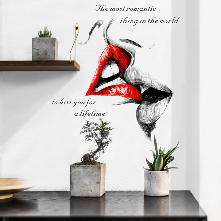 Sexy Red Lips Kiss Wall Decals, Kiss You for a Lifetime Quotes Wall Stickers, Kissing Lips Fashion Silhouette Mural, Removable DIY Vinyl Decor Wallpaper for Bedroom, Living Room, TV Wall