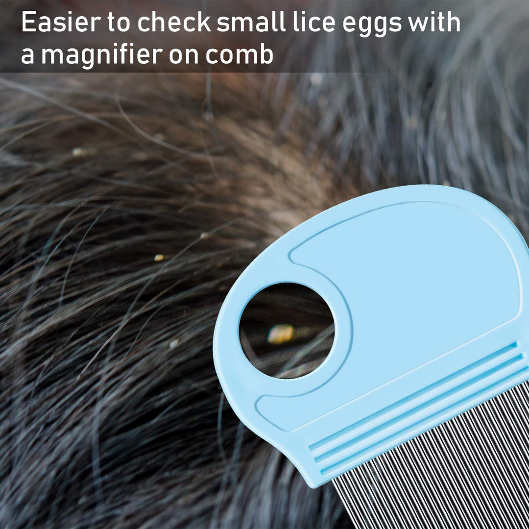 6 Pieces Head Lice Remover Nit Removal Hair Comb with Magnifier, Fine Metal Teeth Tool for Dogs Cats Pet Human Grooming and Removing Dandruff Flakes/Lice Eggs, Sky Blue