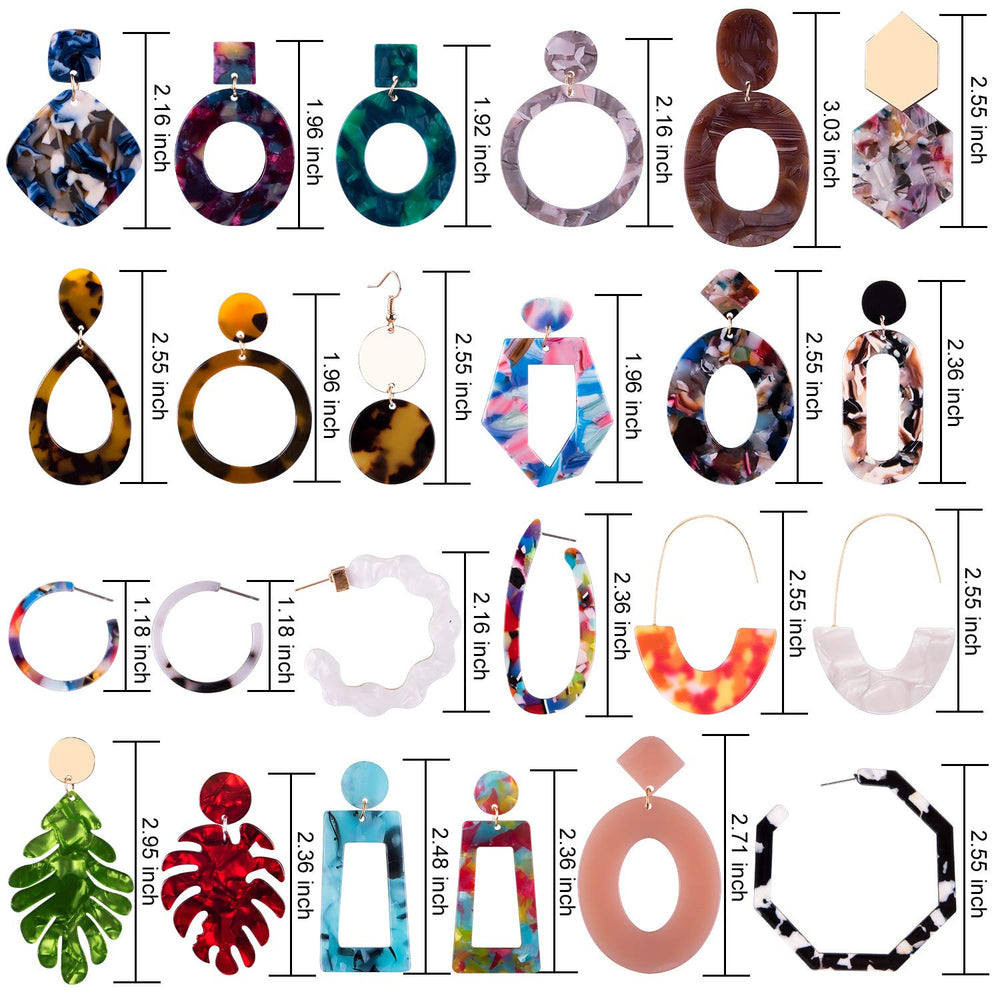 24 Pairs Mottled Acrylic Earrings Resin Drop Dangle Earring Hoop Statement Earrings Polygonal Bohemian Fashion Jewelry Earrings for Women