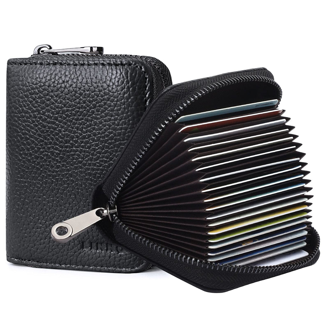 RFID 20 Card Slots Credit Card Holder Genuine Leather Small Card Case for Women or Men Accordion Wallet with Zipper