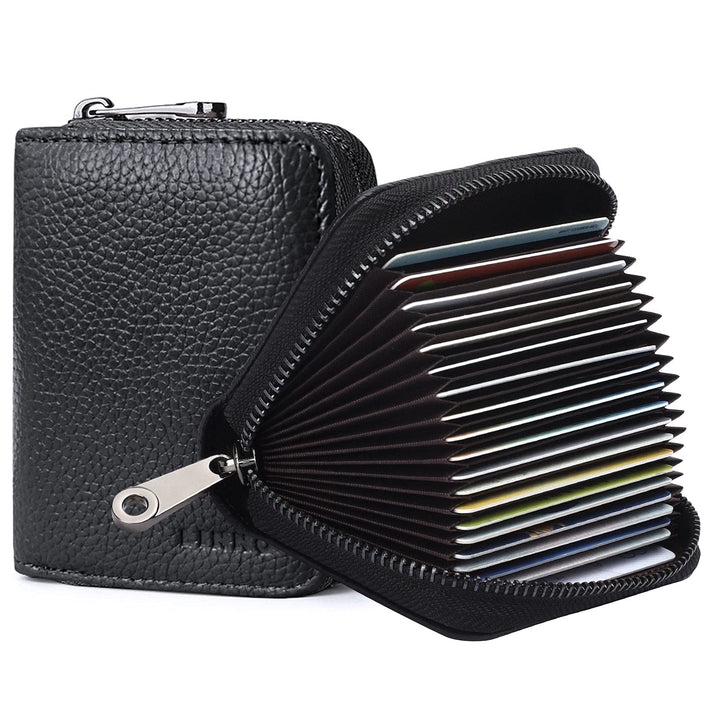 RFID 20 Card Slots Credit Card Holder Genuine Leather Small Card Case for Women or Men Accordion Wallet with Zipper