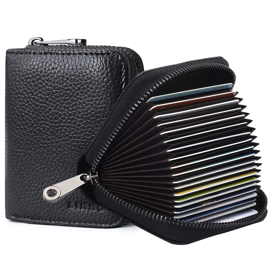RFID 20 Card Slots Credit Card Holder Genuine Leather Small Card Case for Women or Men Accordion Wallet with Zipper