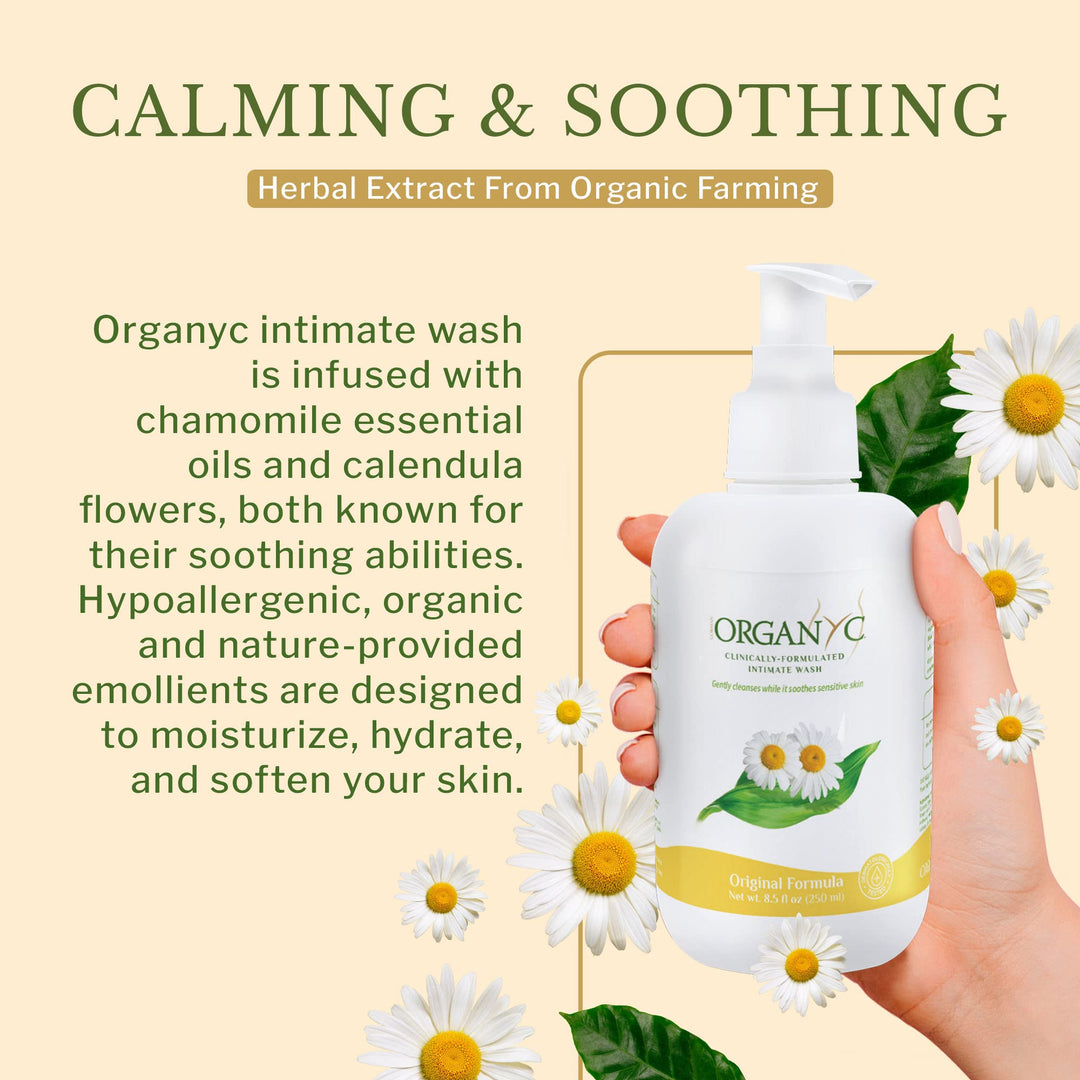 Organyc Feminine Intimate Wash for Sensitive Skin with Chamomile, Free from Chlorine, Parabens, SLS/SLES, and Synthetic Perfumes 8.5 Fluid Ounce