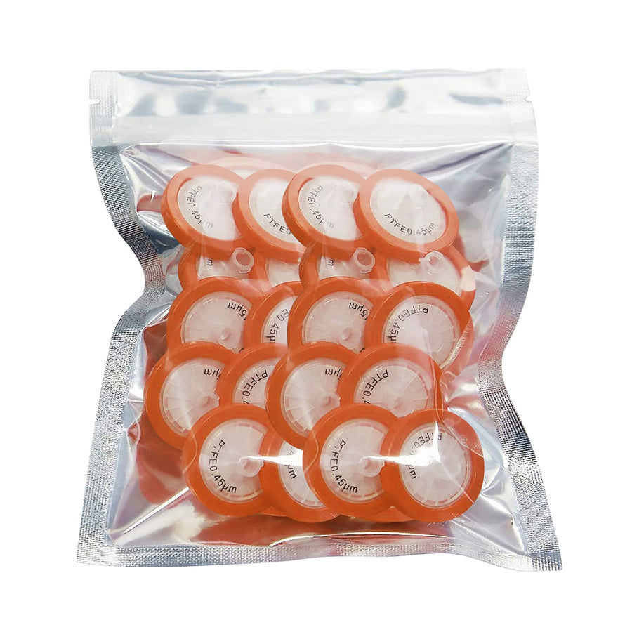 25 Pack PTFE Syringe Filter 13mm Membrane Diameter 0.45um Pore Size Scientific Syringe Filters Non Sterile Orange