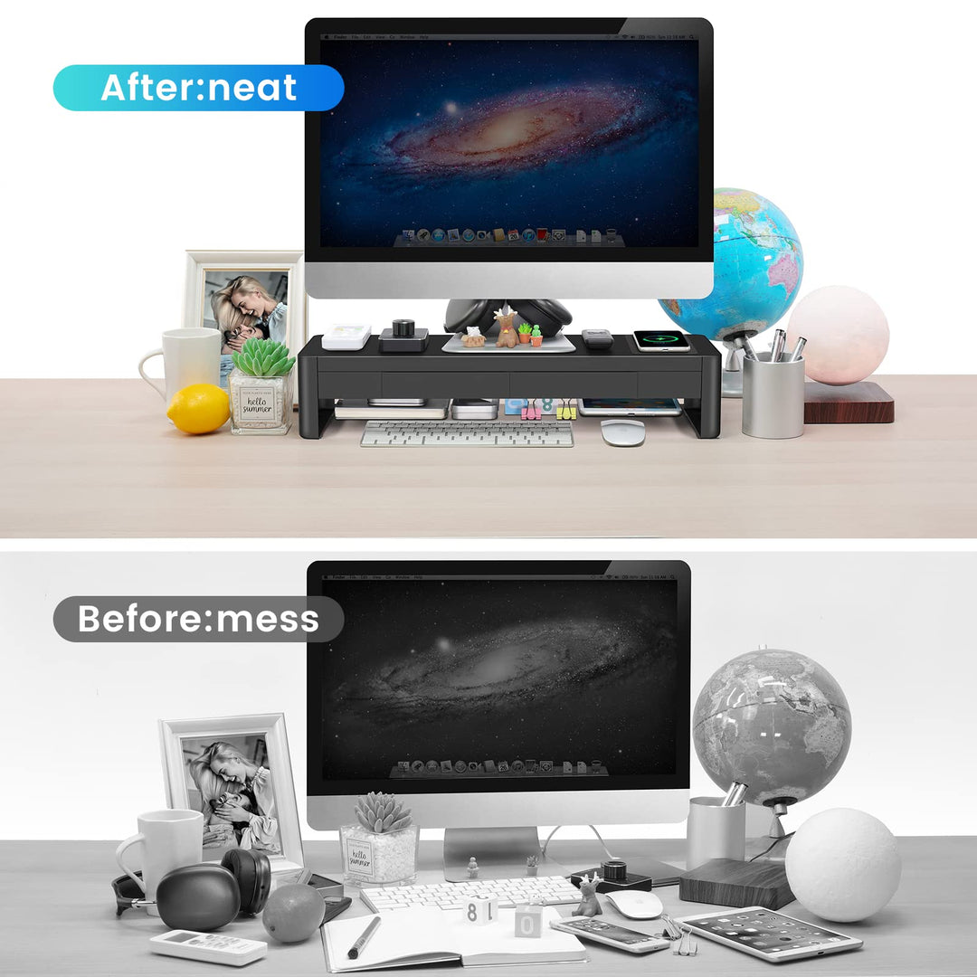 3 In 1 Monitor Stand Riser with 2 Drawers,1 Wireless Charging Module and 4 USB Ports,Metal Computer Stand Support Transfer Data &amp; Charging,Desk Organizer for PC,iMac (21 inches)