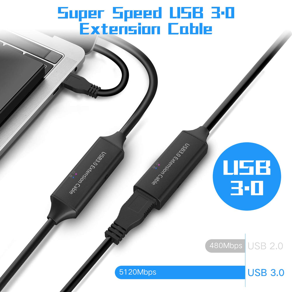 USB 3.0 Extension Cable 50 Feet Active USB 3.0 Extension Cable with 5V 2A Power Adapter, 15M USB Extender Male to Female Cord with 2 Chipsets Signal Booster for Xbox, PS4, VR, Webcam, etc