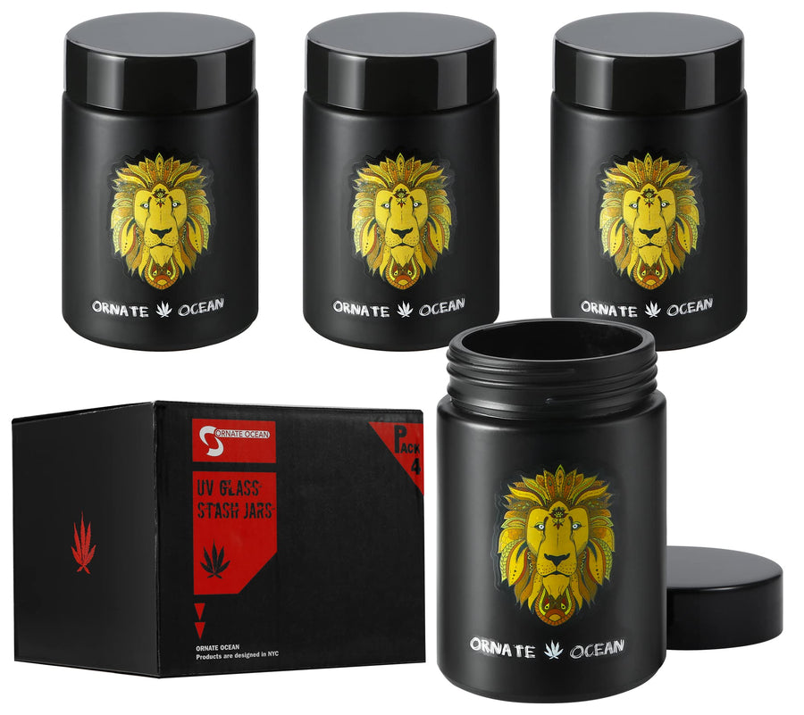 4-Pack 250ml UV Glass Stash Jars Lion King - 4 Piece Set Multipurpose Storage Containers - Convenient Airtight Smell Free Screw Top Lid Jars Preserves and Secures Your Herbs