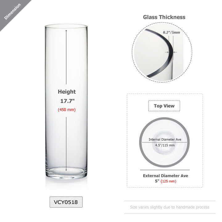 WGV Cylinder Vase, Diameter 5, Height 18, Clear Glass F