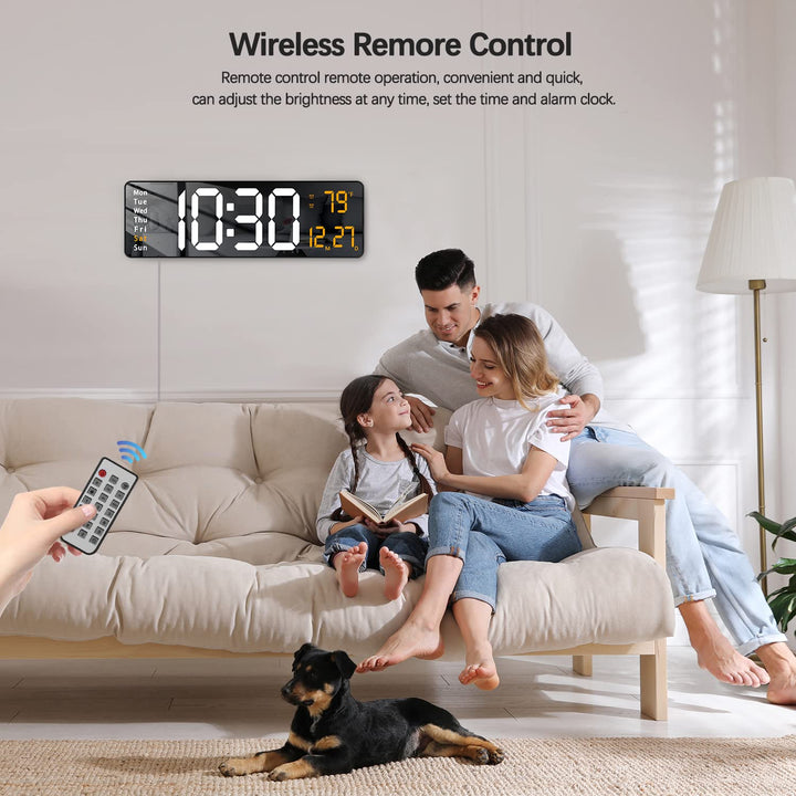 Modern 16 Large Digital Wall Clock with Remote Control, LED Display, Auto-Dimming, Countdown, Temperature, Calendar - 12/24Hr Format - Silent Wall Clock for Home, Office, or Gym Use (Orange)