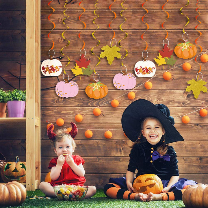 20Pcs Fall Party Hanging Swirl Decorations, Autumn Pumpkin Maple Leaf Thanksgiving Hanging Foil Swirls Streamers, Fall Themed Door Ceiling Decoration for Thanksgiving Halloween Birthday Party Supplies