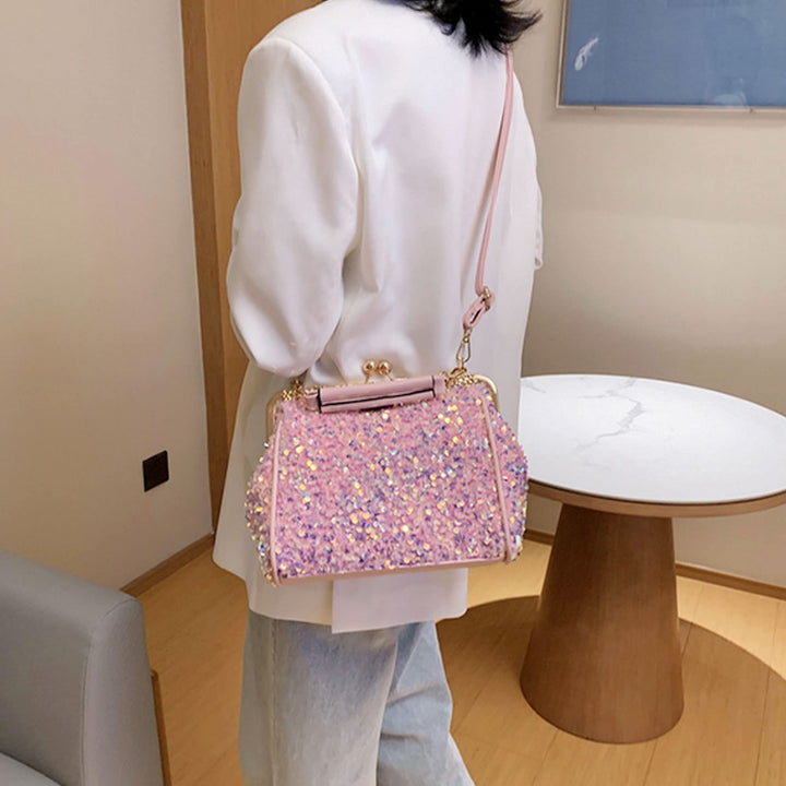 Women Small Glitter Sequins Cross-body Bag with PU Leather Strap Top-Handle Bag Kiss Lock