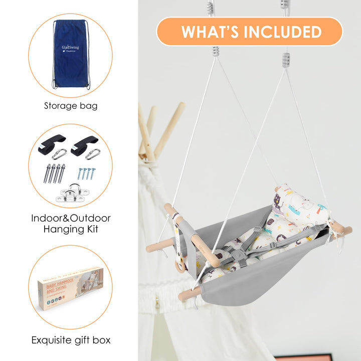 Baby Swing for Baby and Toddler, Canvas Baby Hammock Swing Indoor and Outdoor with Safety Belt and Mounting Hardware, Wooden Hanging Swing Seat Chair for Baby up to 3 Years -Cute Animal