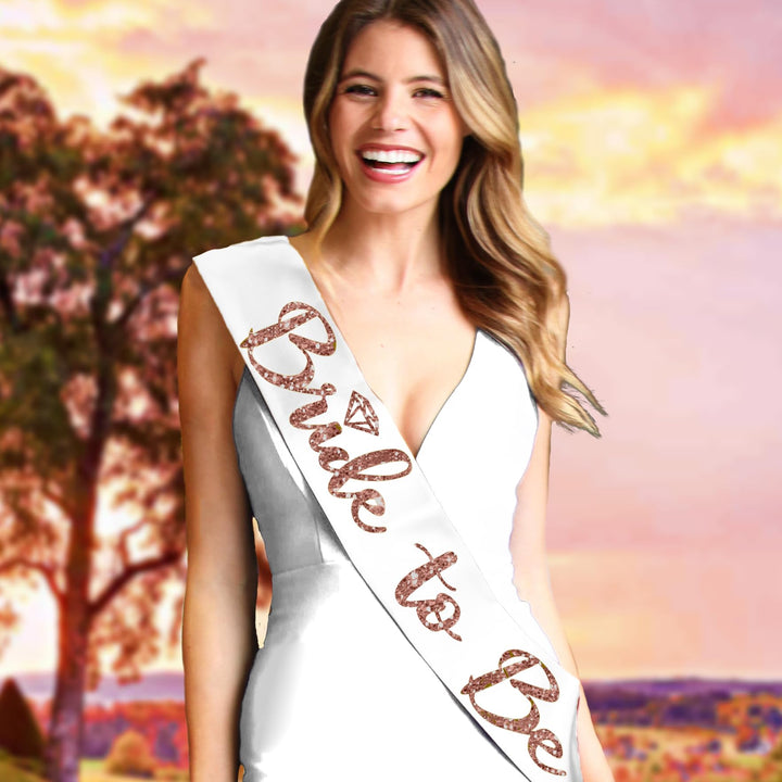Bride Rose Gold Bridal Sash - Luxe Bridal Grade Satin Bride to Be Glitter with Diamond Motif - Bachelorette Party Decorations - White Satin Sash(BrdDia RsGld) Wht