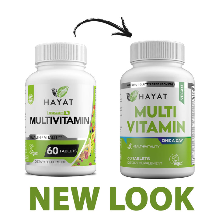 HAYAT Vitamins Vegan Natural Multivitamin, Daily Vitamins with Vitamin A, C, D, E, B1, B2, B3, B6, B12, Biotin, Zinc and More, 2 Month Supply, All Natural, Certified Halal, 60 Tablets, Made in The USA