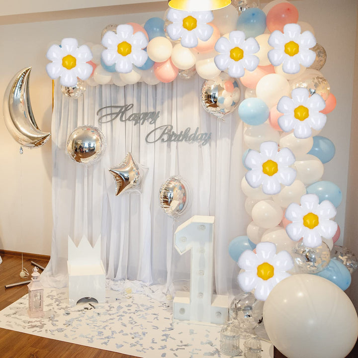 20 Inch 20 Pcs Daisy Balloons White Daisy Foil Mylar Balloons Daisy Birthday Balloons Flower Shaped Balloons White Flower Party Balloons for Daisy Theme Birthday Party Wedding Baby Shower,6 Petals