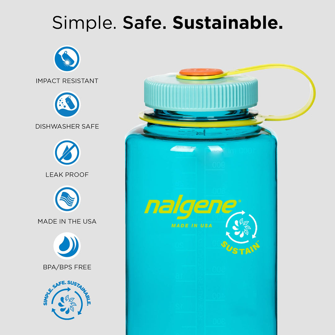Nalgene Tritan Wide Mouth BPA-Free Water Bottle, Clear w/ Green Cap, 32 oz