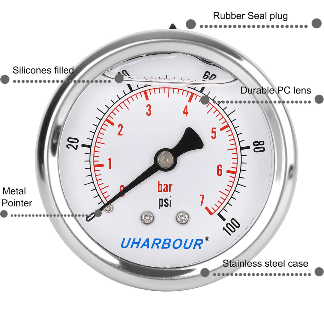 UHARBOUR Glycerin Filled Pressure Gauge 100psi/7bar, Stainless Steel case, Brass Inside Construction, 2-1/2 dial, 1/4NPT Back Connection.…