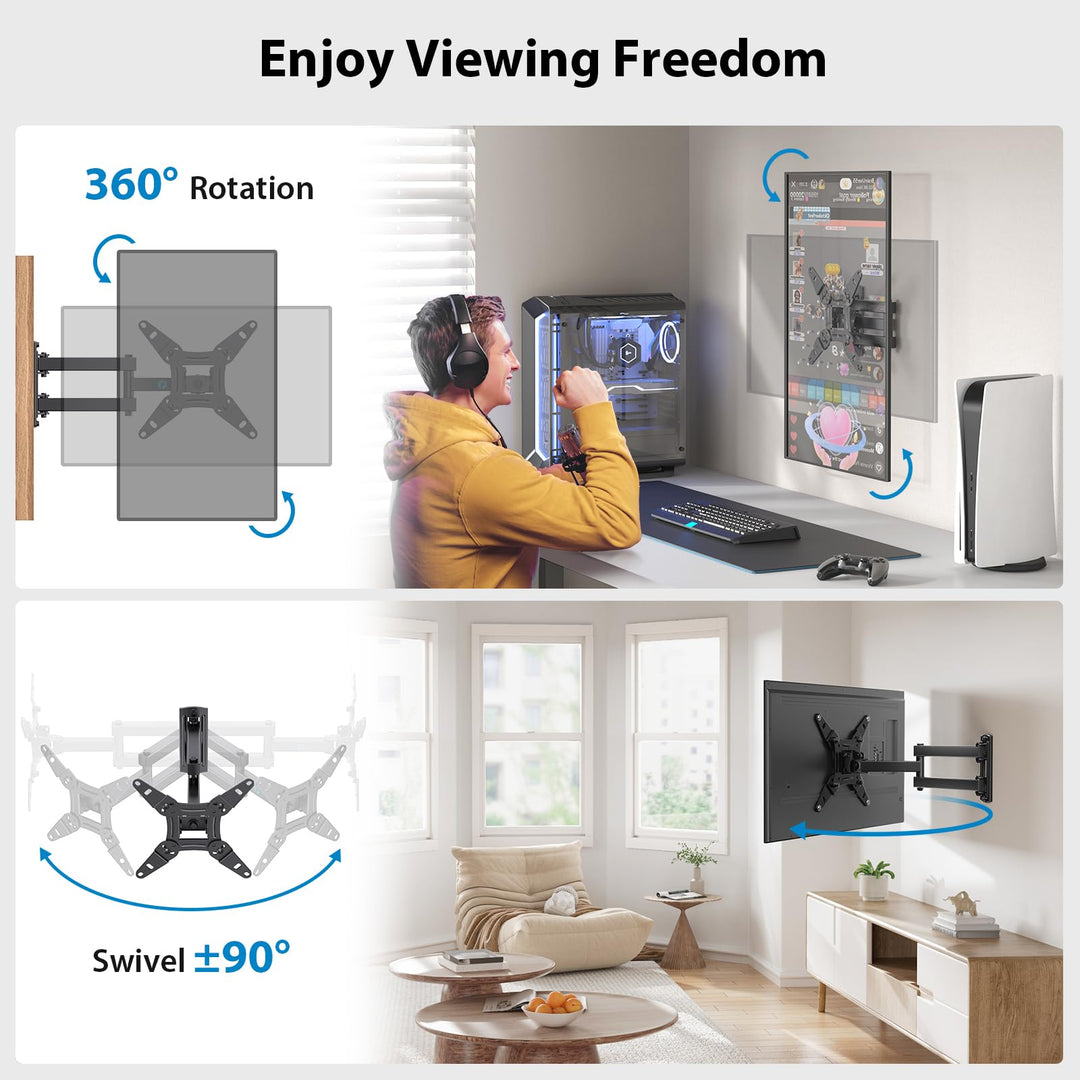 Full Motion TV Monitor Wall Mount Bracket Swivel Tilt Extension Rotation for Echo Show 21/15 and Most 13-42 Inch LED LCD Flat Curved Screen TVs &amp; Monitors, Max VESA 200x200mm up to 44lbs