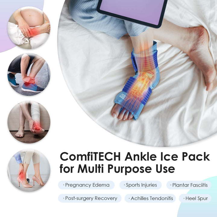ComfiTECH Ankle Ice Pack Wrap for Injuries Reusable Heel Ice Pack for Ankle Plantar Fasciitis, Achilles Tendonitis, Sprained Ankles, Foot Pain &amp; Heel Spur Cold Therapy