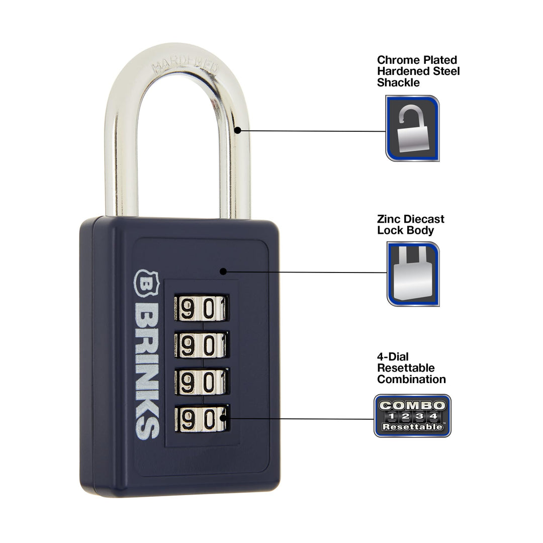 - 40mm 4-Dial Resettable Sports Padlock - Zinc Die-Cast Body with Chrome Plated Shackle, Navy
