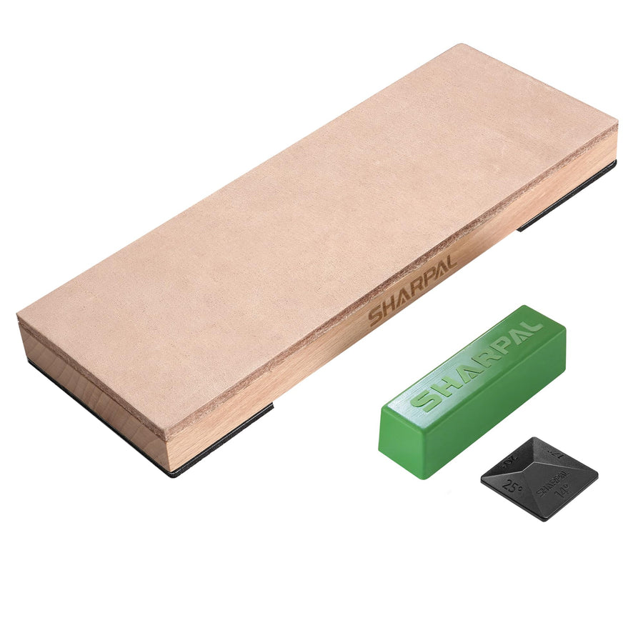 204N Leather Strop (Genuine Cowhide) 8 x 3 Kit with 2 Oz. Polishing Compound & Angle Guide, Knife Stropping Block for Sharpening & Honing Knives, Straight Razor, Woodcarving Chisels