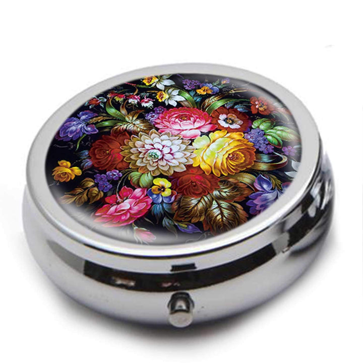 Round Stainless Steel Pill Box Case -Colorful Peony Pai